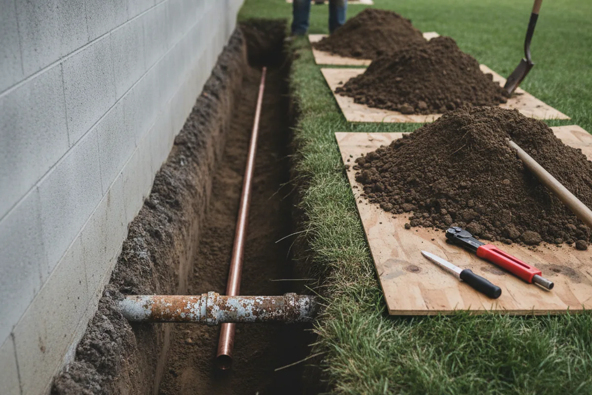 Excavated water line trench during Sewer Line Repair in Fairfield
